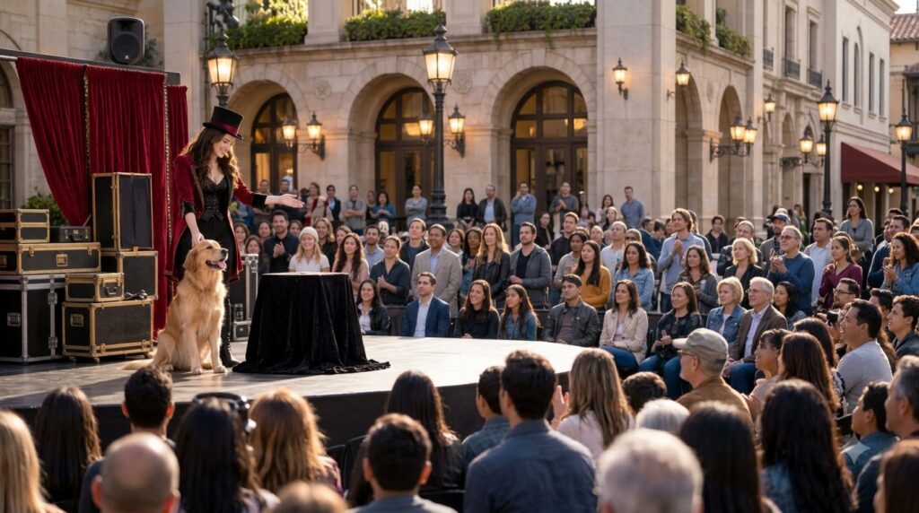 A female magician in a top hat and red velvet jacket petting a golden retriever on stage with a blurred audience and war