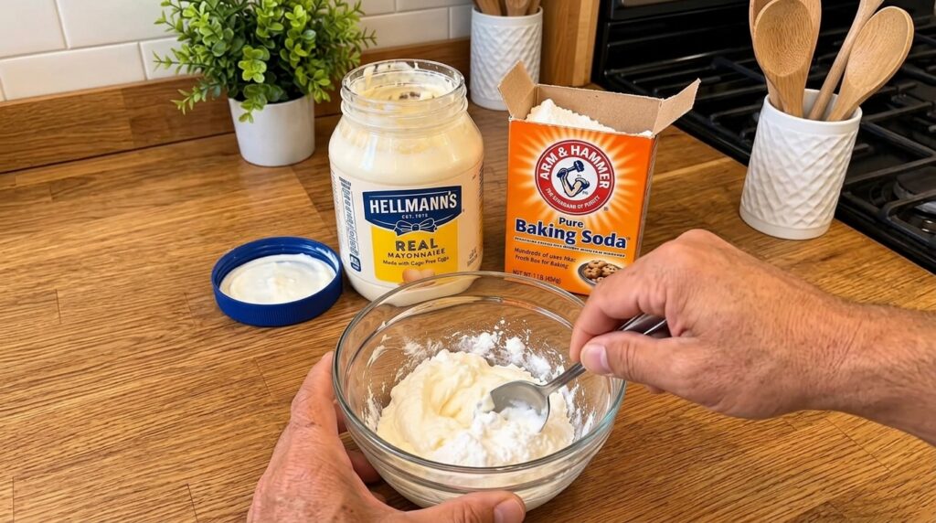 Close-up overhead view of hands mixing a creamy white substance with white powder in a glass bowl A jar of mayonnaise an