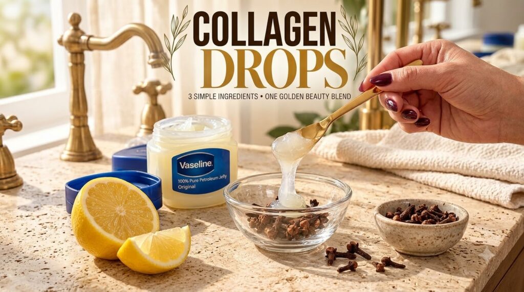 A hand using a golden spatula to scoop Vaseline from a jar dripping it into a clear glass bowl filled with dried cloves 