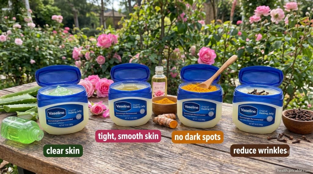 A hand mixing aloe vera gel into Vaseline in a small glass jar with a fresh aloe leaf in the background