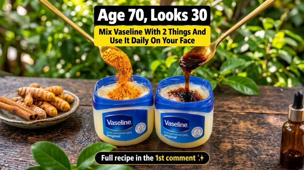 Two jars of Vaseline on a rustic wooden surface with turmeric powder being poured into one and honey being poured into t