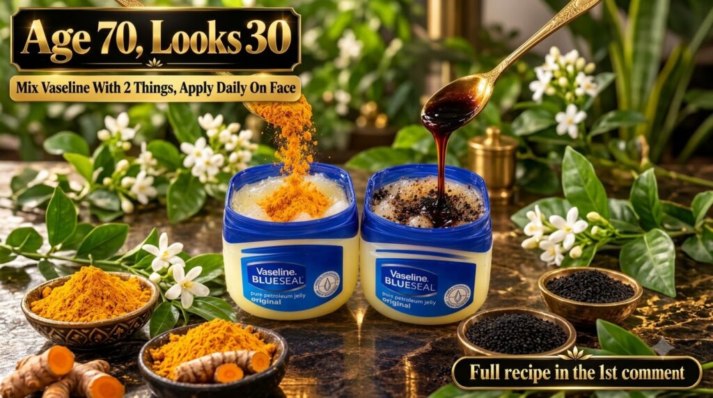 Two open jars of Vaseline with turmeric powder being poured into one and honey into the other on a dark surface with a b
