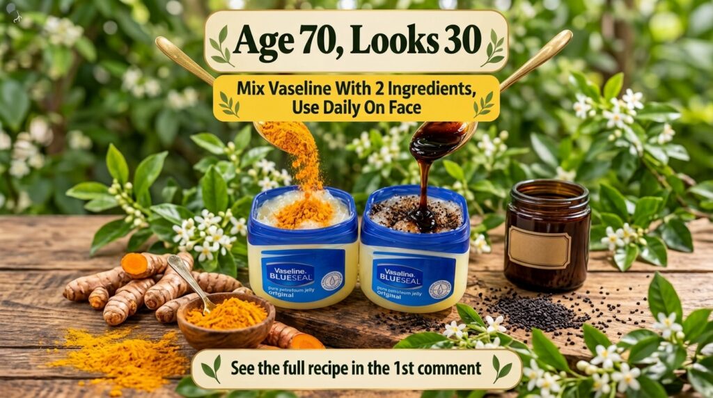 Two open jars of Vaseline with turmeric powder being added to one and a dark liquid with black specks being added to the