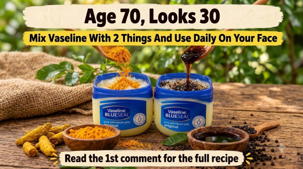 A flat lay of two open jars of Vaseline one receiving turmeric powder from a wooden spoon the other receiving honey from