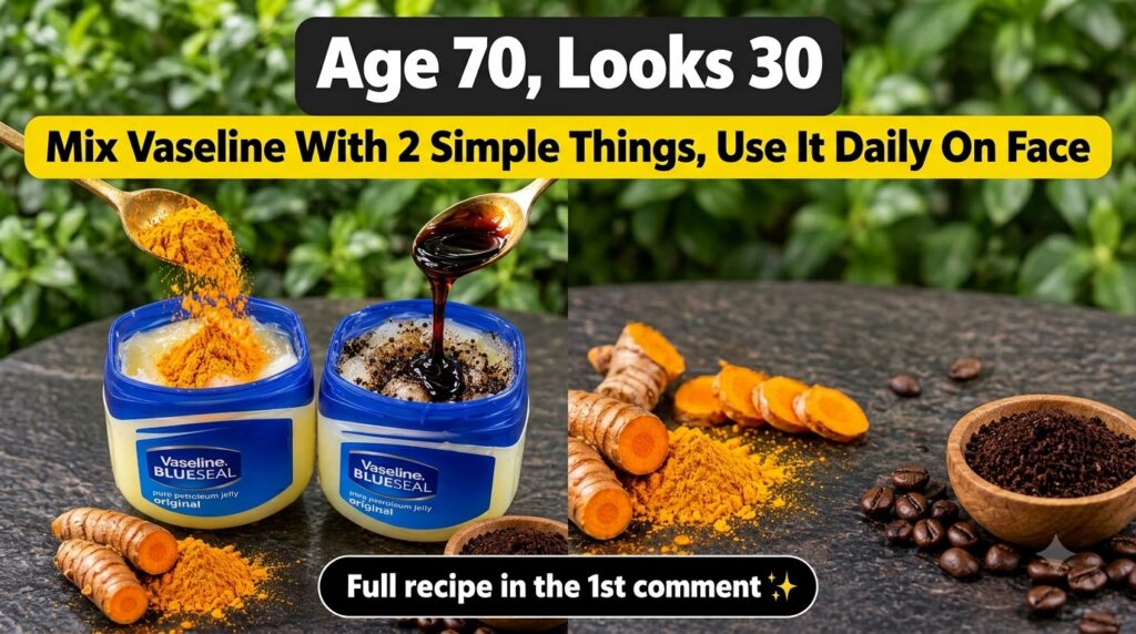A hand pouring a spoonful of turmeric powder into an open jar of Vaseline Fresh turmeric roots and a small pile of turme