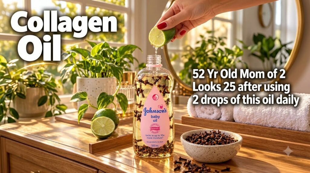 A bottle of Johnson s baby oil customized with whole cloves and a hand squeezing lime juice into it on a wooden tray wit