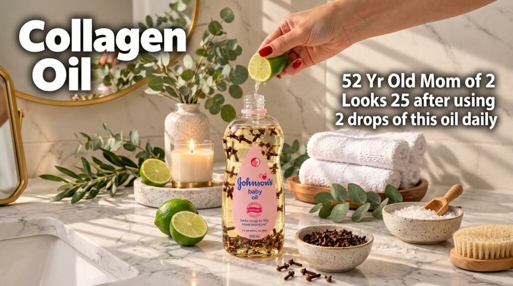 A hand squeezing a fresh lime into a bottle of baby oil infused with cloves set on a marble surface with spa-like elemen