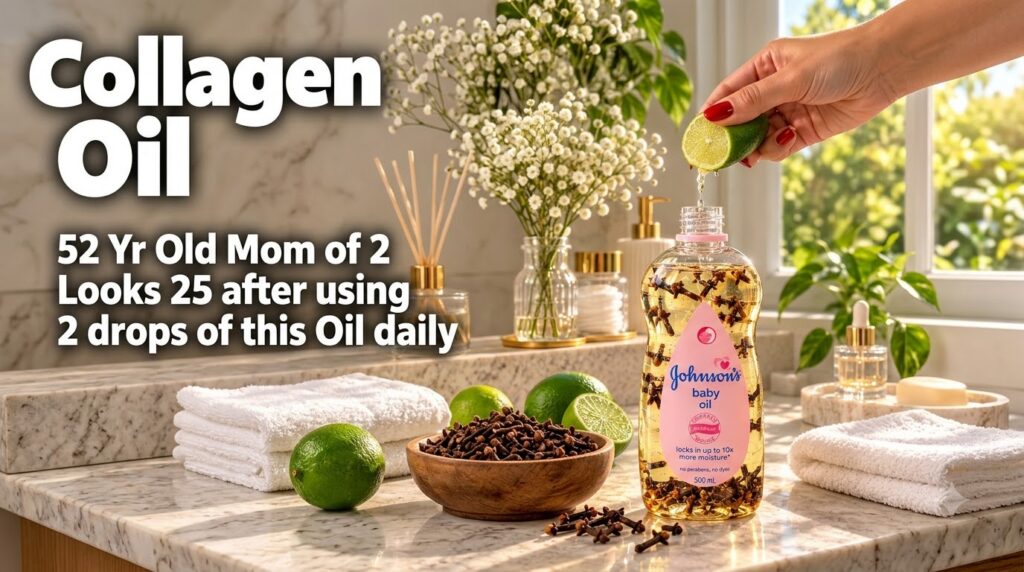 A hand squeezing fresh lime juice into a bottle of Johnson s baby oil infused with cloves on a marble countertop with be
