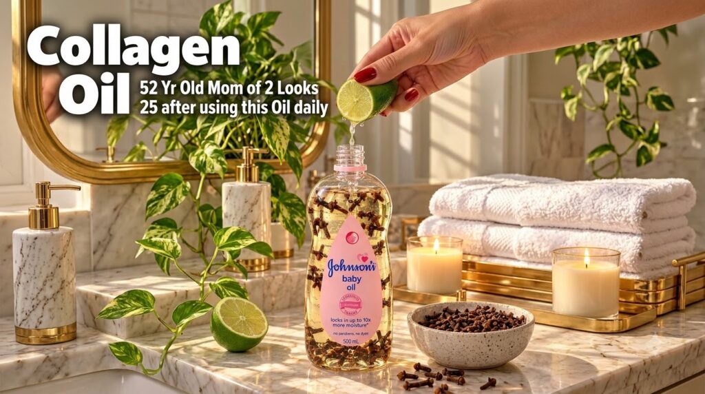 A hand with red-painted nails squeezing a lime into a bottle of Johnson s baby oil customized with cloves inside and lab