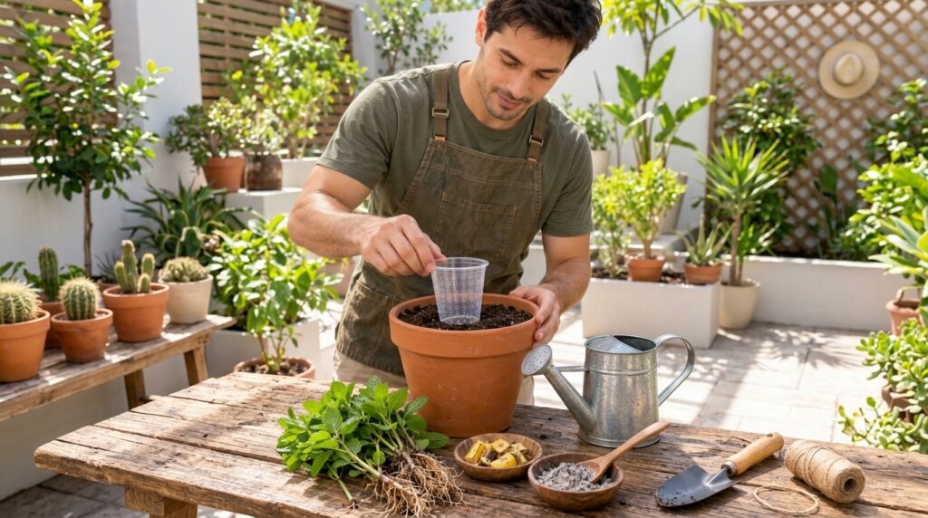 A close-up of a perforated plastic cup partially buried in soil next to a healthy mint plant containing chopped banana p
