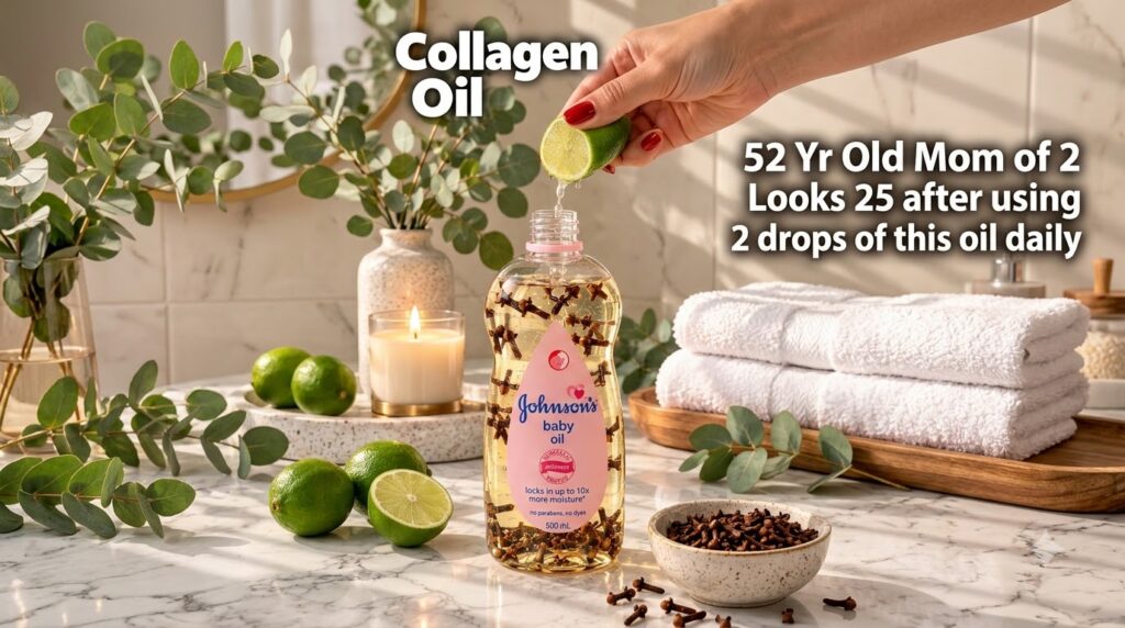 A hand squeezing a lime into a bottle of Johnson s baby oil filled with cloves with elements like a lit candle eucalyptu