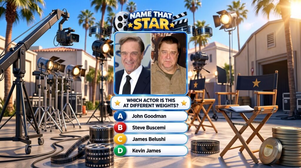 Mobile quiz interface featuring John Goodman at different weights against a Hollywood backdrop