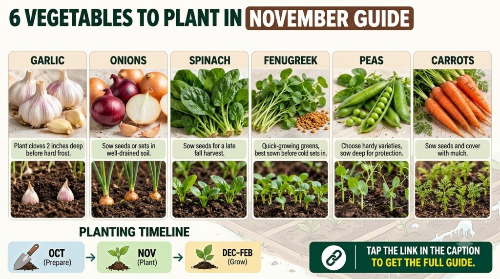 An infographic titled 6 Vegetables to Plant in November Guide showing illustrations of garlic onions spinach fenugreek p
