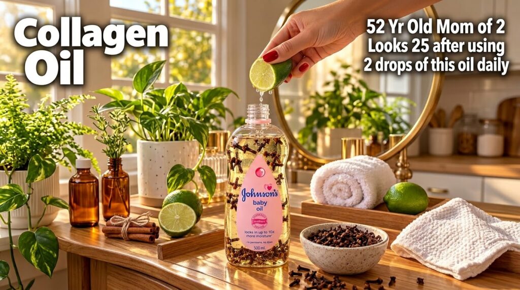 A bottle of Johnson s baby oil infused with cloves with a hand squeezing lime over it on a wooden tray with other natura