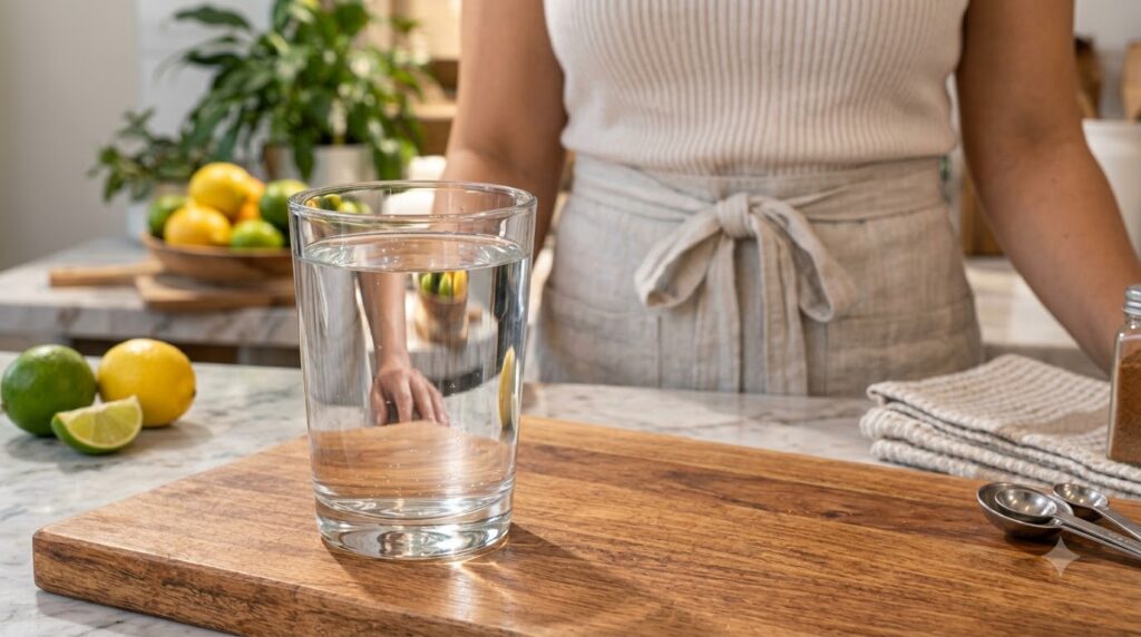 A close-up of a refreshing glass of detox elixir with lemon slices and a pinch of salt on a wooden table with sunlight c