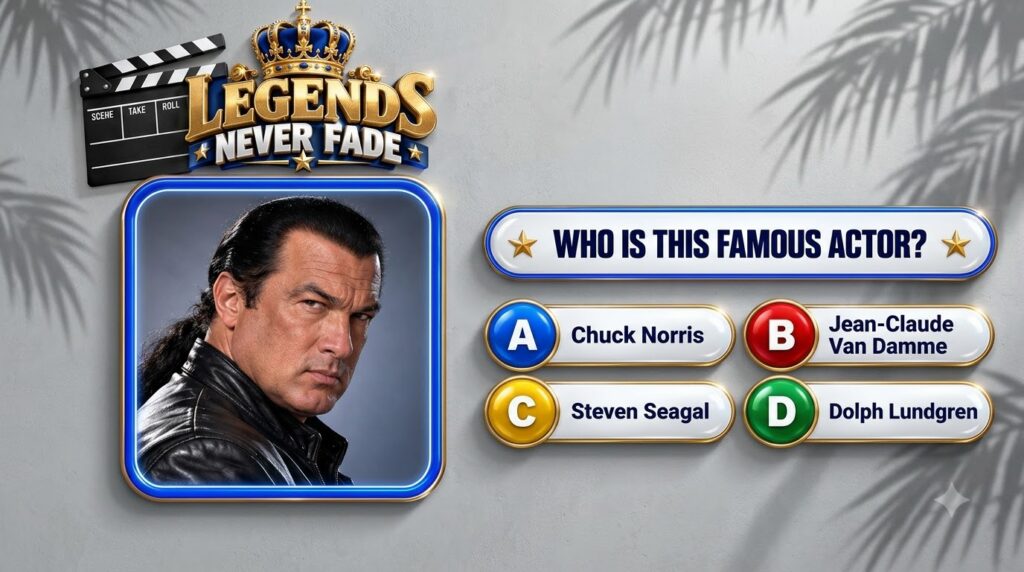 A quiz image asking WHO IS THIS FAMOUS ACTOR with Steven Seagal s portrait in a glowing blue frame and options A Chuck N