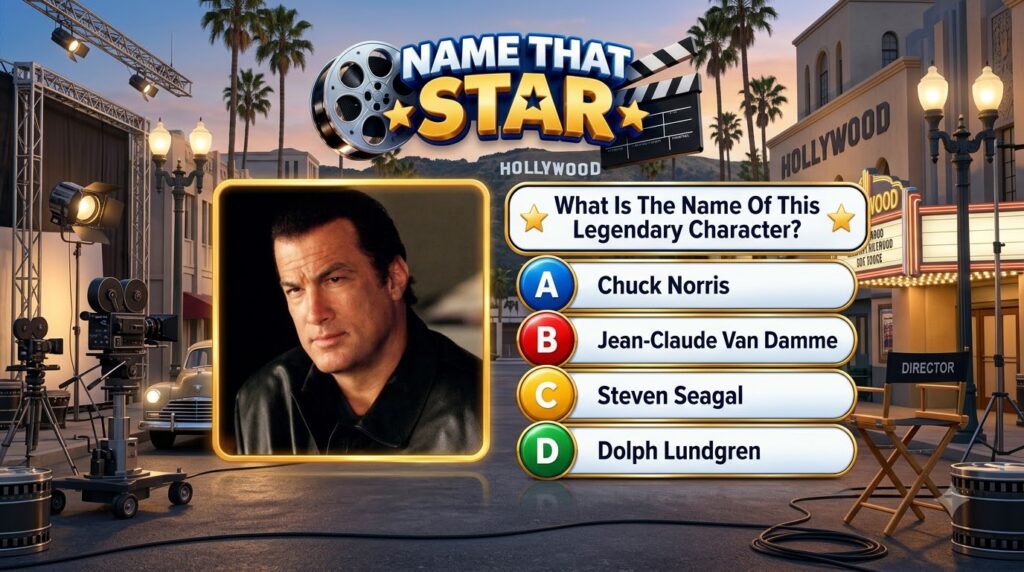 A Name That Star quiz interface with a portrait of Steven Seagal in a blue-framed box Below it a question asks to identi