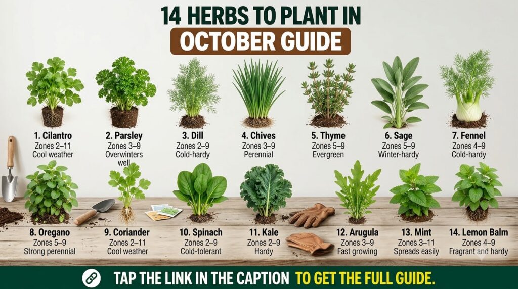 An organized grid display of 14 different herbs and leafy greens such as cilantro parsley dill and mint each shown with