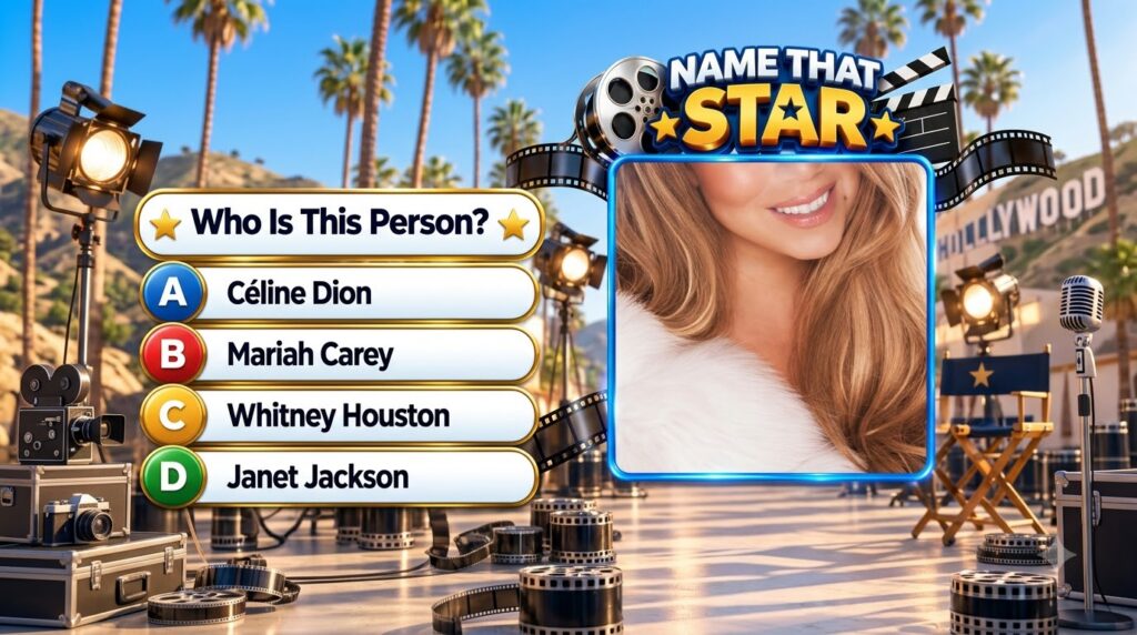 A vibrant Name That Star game interface featuring a close-up of Mariah Carey s smiling face and flowing hair framed in b