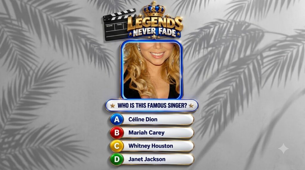 A mobile quiz game interface showing a close-up of Mariah Carey s smiling face The quiz asks WHO IS THIS FAMOUS SINGER w
