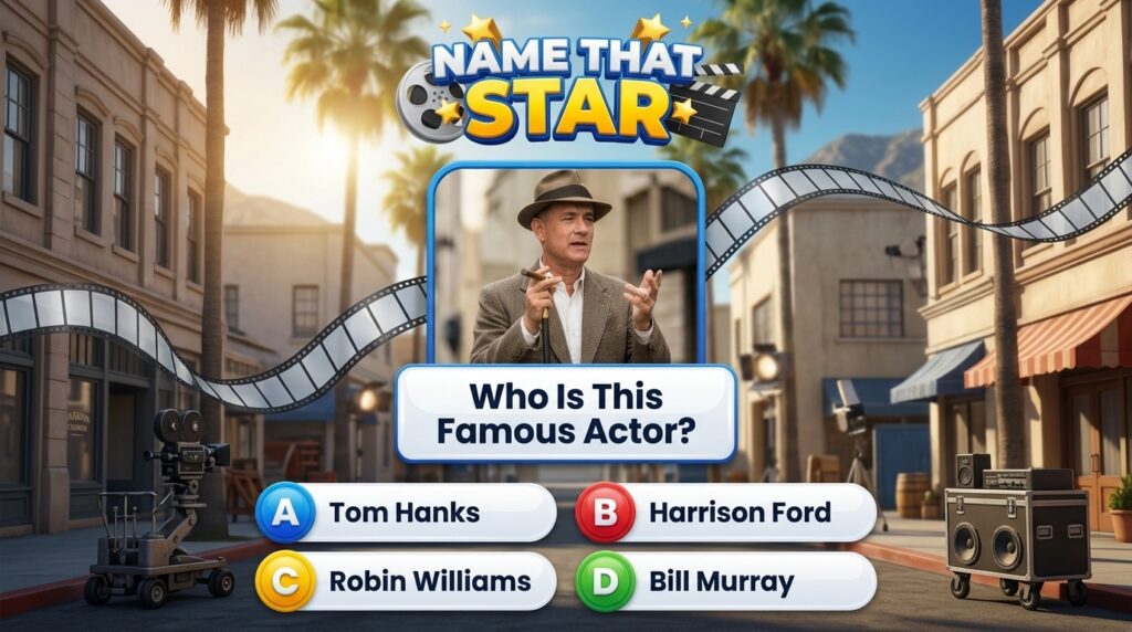 A mobile game interface titled Name That Star with a portrait of Tom Hanks in a fedora holding a cigar and gesturing Bel