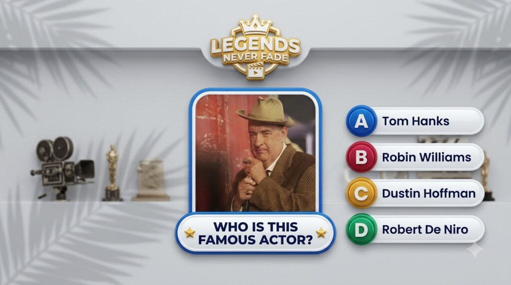 A mobile-style quiz interface featuring actor Tom Hanks in character with a question WHO IS THIS FAMOUS ACTOR and multip