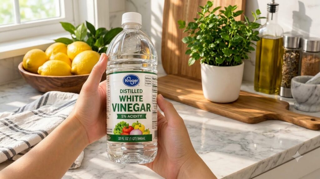 A pair of hands holding a bottle of Kroger Distilled White Vinegar with a blurred background showing lemons and green le