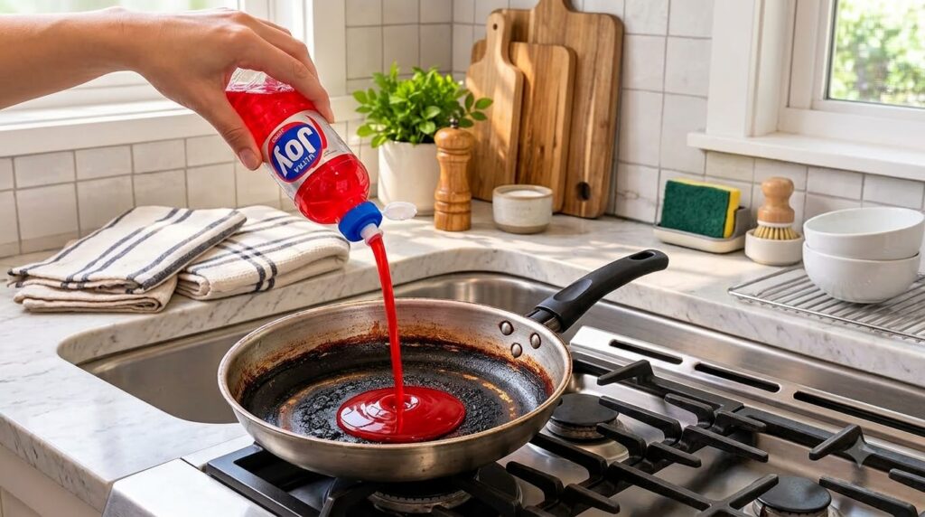 A hand pouring vibrant red dish soap into a heavily burnt and greasy frying pan on a stovetop with a kitchen sink area i