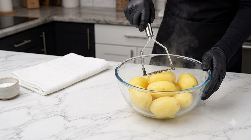 A close-up of a person s gloved hands holding a potato masher over a clear glass bowl filled with freshly boiled peeled 