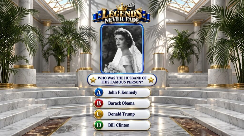 A quiz game interface featuring a black and white portrait of Jacqueline Kennedy Onassis with a Legends Never Fade banne