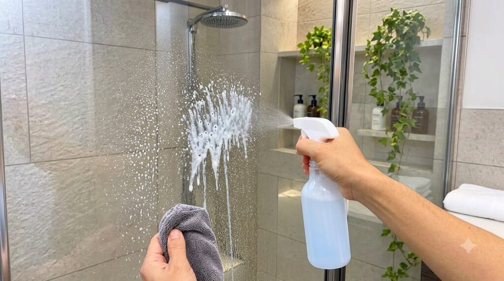 Close-up of hands cleaning a glass shower door with a spray bottle and a microfiber towel