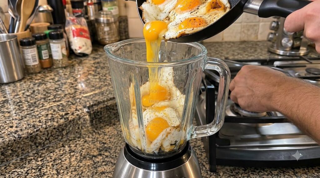 Fried eggs being poured from a black frying pan into a clear glass blender jar seasoned with pepper