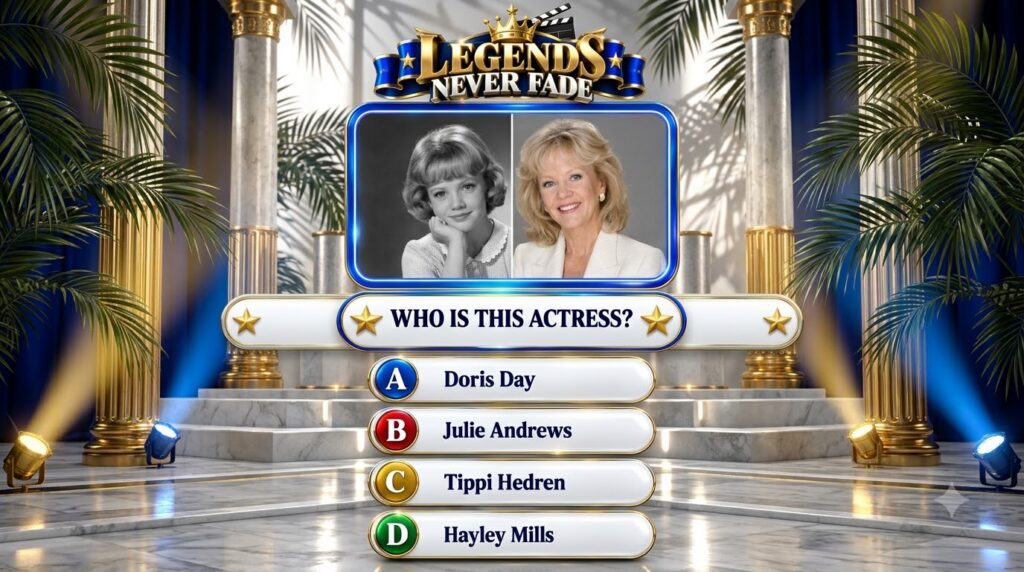 A quiz graphic titled LEGENDS NEVER FADE featuring a split image of actress Hayley Mills showcasing her as a child black