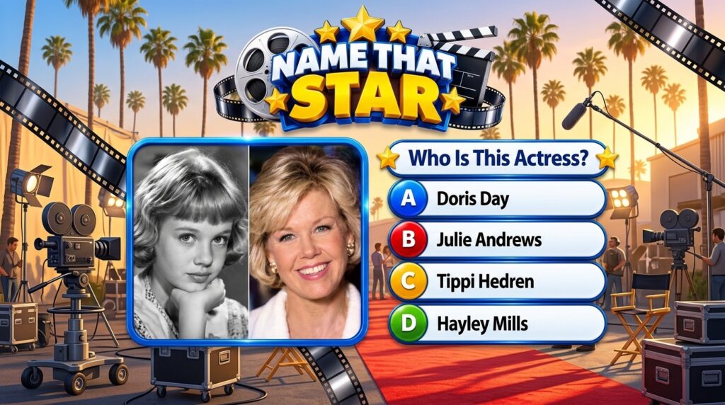 A Name That Star quiz game interface with a split image of Hayley Mills young and older and multiple choice options