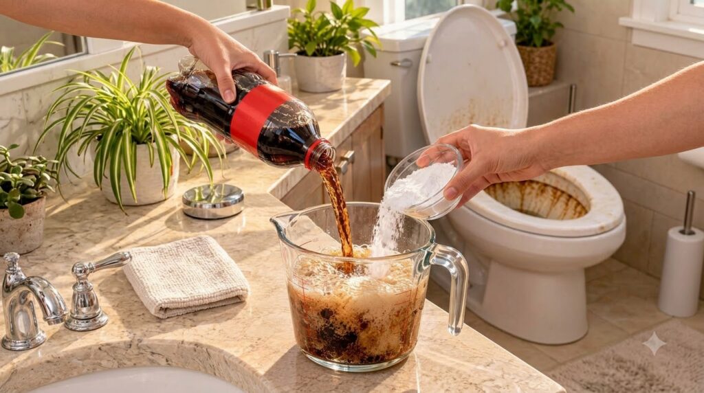 Hands mixing dark cola and white baking soda powder in a clear measuring cup with a stained toilet in the background