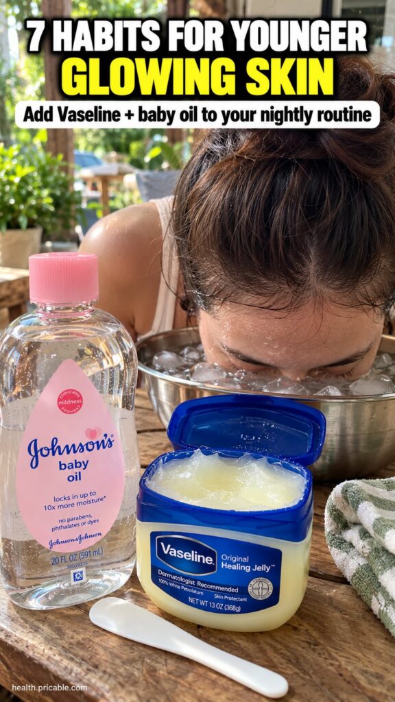A person s face being submerged into a bowl of ice water with bottles of Vaseline and baby oil clearly visible in the fo