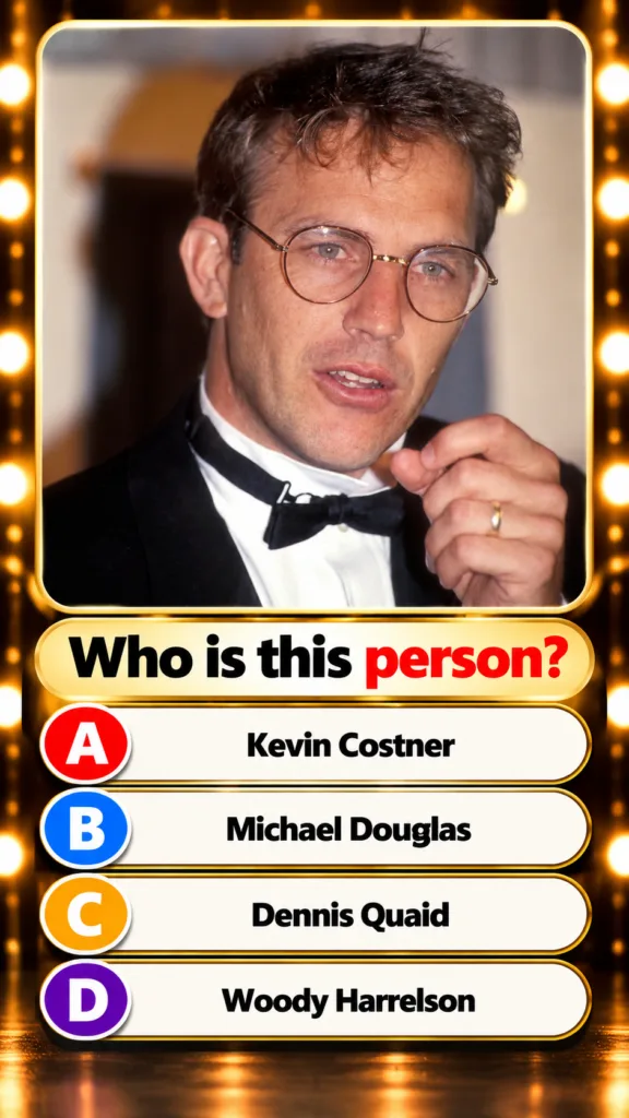 A quiz image featuring a headshot of Kevin Costner in a tuxedo and glasses with a golden marquee-style border The questi