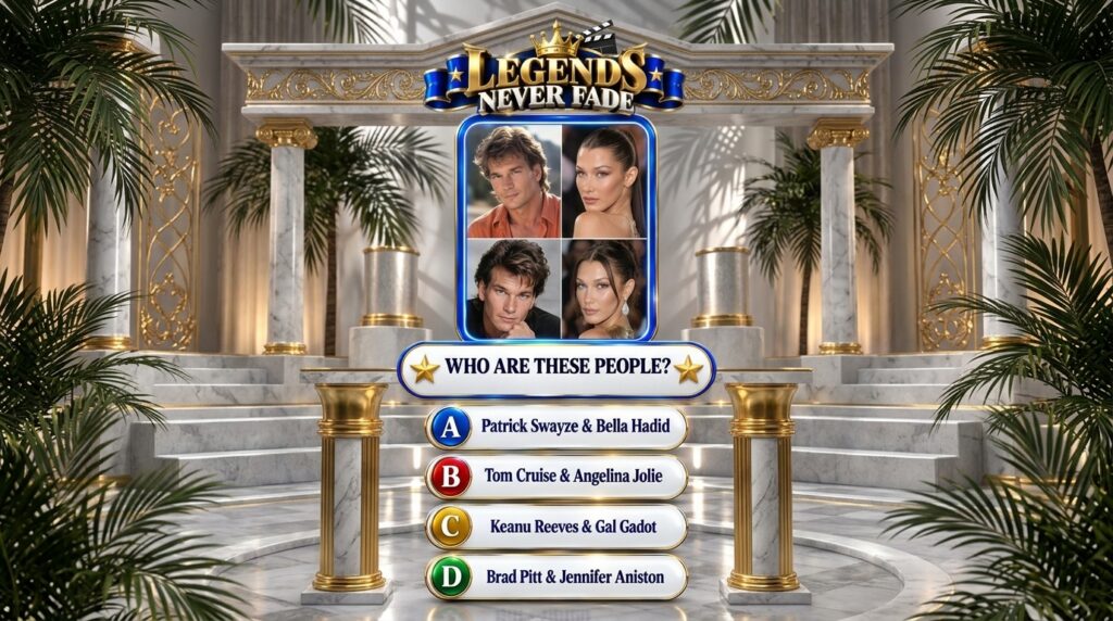 A mobile quiz interface titled LEGENDS NEVER FADE featuring a golden crown and film clapboard A grid presents two images