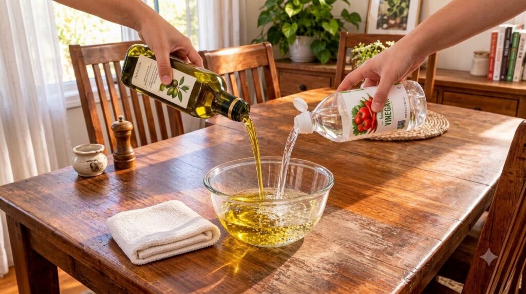 Two hands pouring olive oil from a glass bottle and white vinegar from a plastic bottle into a clear glass bowl on a woo
