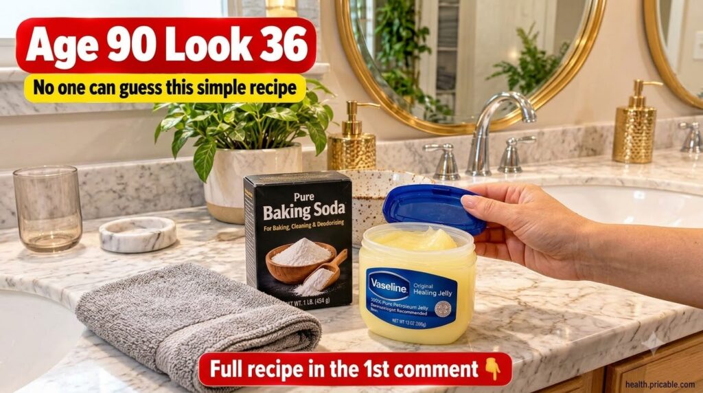 An open jar of Vaseline a box of baking soda and a ceramic mixing bowl on a light-colored marble bathroom countertop rea