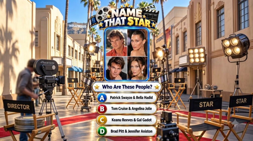 A mobile game interface titled Name That Star set against a vibrant Hollywood studio backdrop with palm trees bright stu