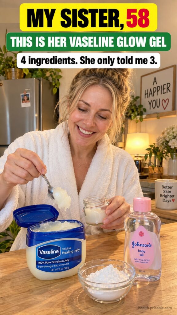 A smiling woman in a bathrobe in a kitchen mixing Vaseline baby oil and a white powder in a small glass jar on a wooden 