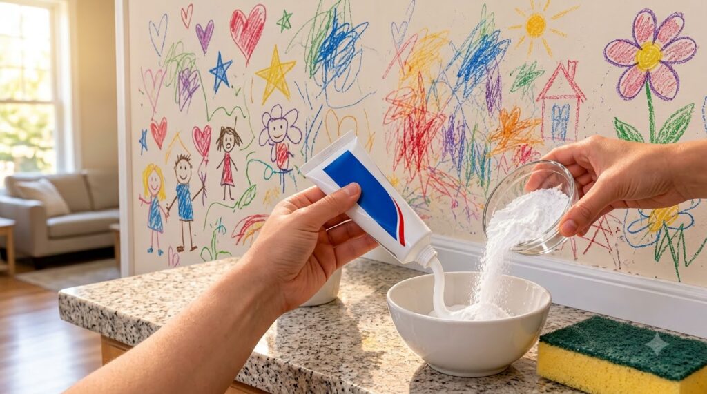 Hands mixing white toothpaste and white baking soda powder in a white bowl on a granite countertop with children s crayo