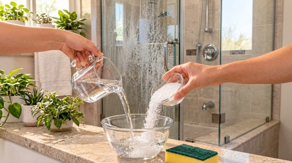 Two hands pouring white vinegar from a measuring cup and salt from a small bowl into a glass mixing bowl on a granite co
