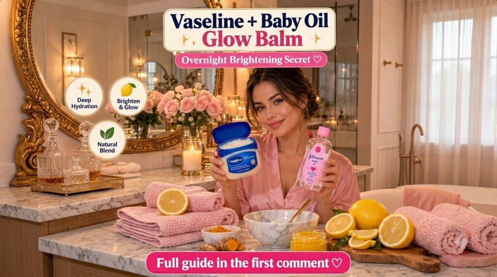 A smiling woman in a spa-like setting holding a jar of Vaseline and a bottle of Johnson s Baby Oil Roses candles and bow