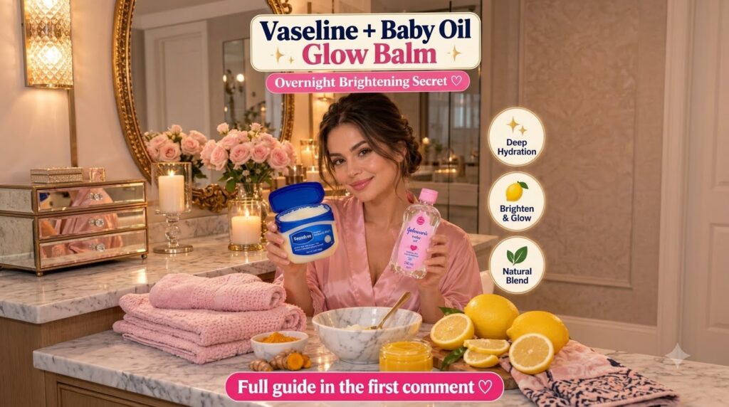 A smiling woman in a pink robe holding a tub of Vaseline and a bottle of Johnson s Baby Oil with turmeric lemons pink to