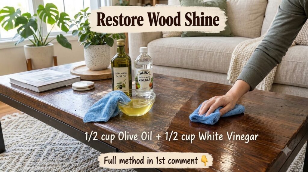 A hand wiping a faded wooden coffee table with a blue microfiber cloth showing a before and after effect of polishing