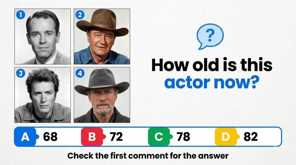 A quiz card showing four celebrity portraits young Henry Fonda B W young Clint Eastwood B W older John Wayne color cowbo