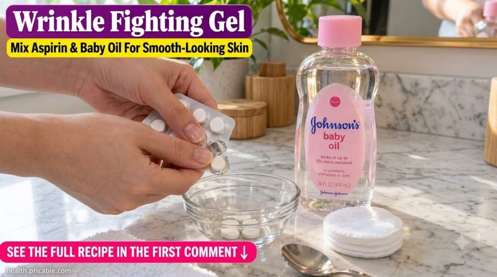 A person s hands crushing aspirin tablets in a small bowl with a spoon next to a bottle of baby oil and cotton pads on a