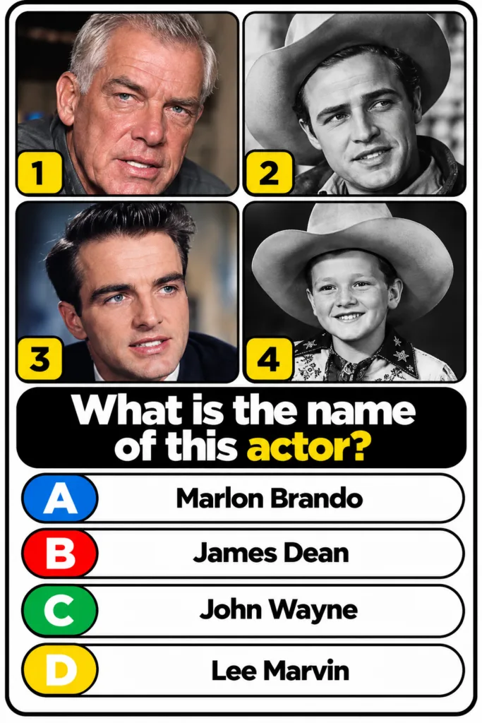 A multiple-choice quiz image featuring four framed portraits of male actors in a 2x2 grid with one identified as Marlon 